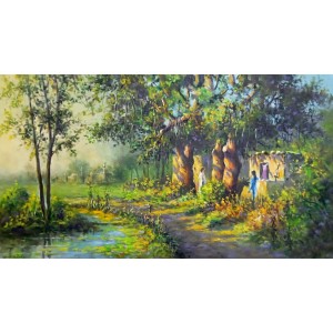 Hanif Shahzad, Village Old Trees, 14 x 26 Inch, Oil on Canvas,  Landscape Painting, AC-HNS-115